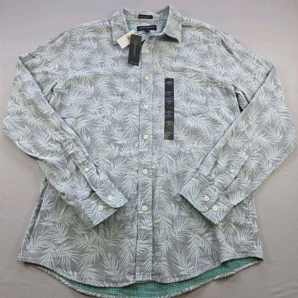 NWT Banana Republic Floral Button Up Shirt Mens M Untucked Fit Gray Cotton